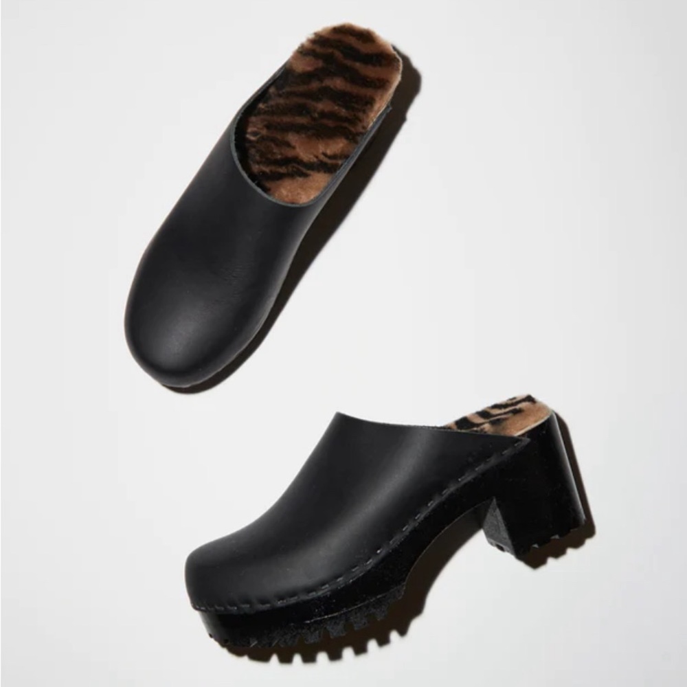 No.6 Liza Clog on Mid Tread in Black with Zebra Shearling on Black Base